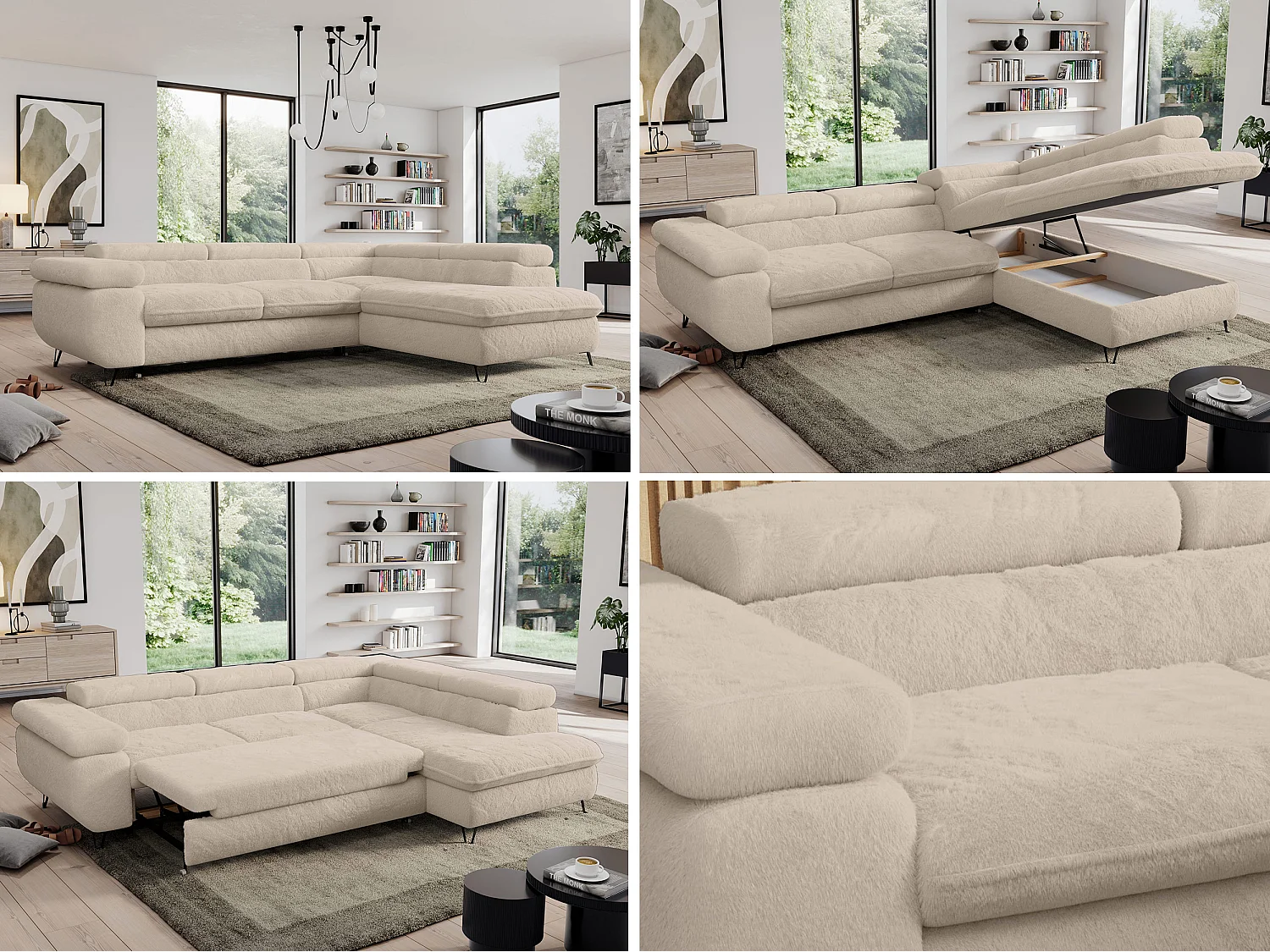 Ecksofa PEDRO - L-Form mit Schlaffunktion 200x125 cm, verstellbaren Kopfstützen - Creme Plüsch - Ecke Rechts
