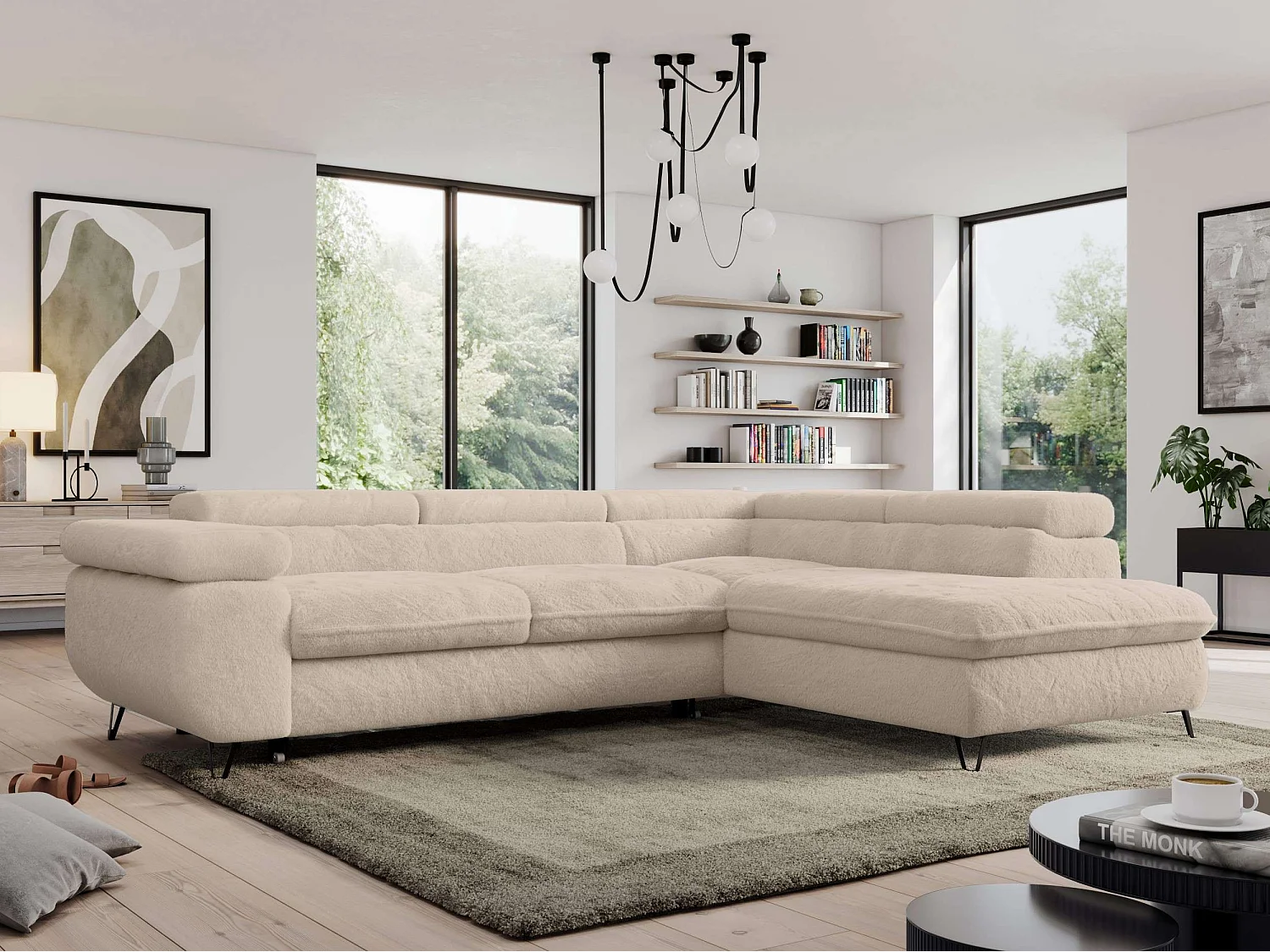 Ecksofa PEDRO - L-Form mit Schlaffunktion 200x125 cm, verstellbaren Kopfstützen - Creme Plüsch - Ecke Rechts