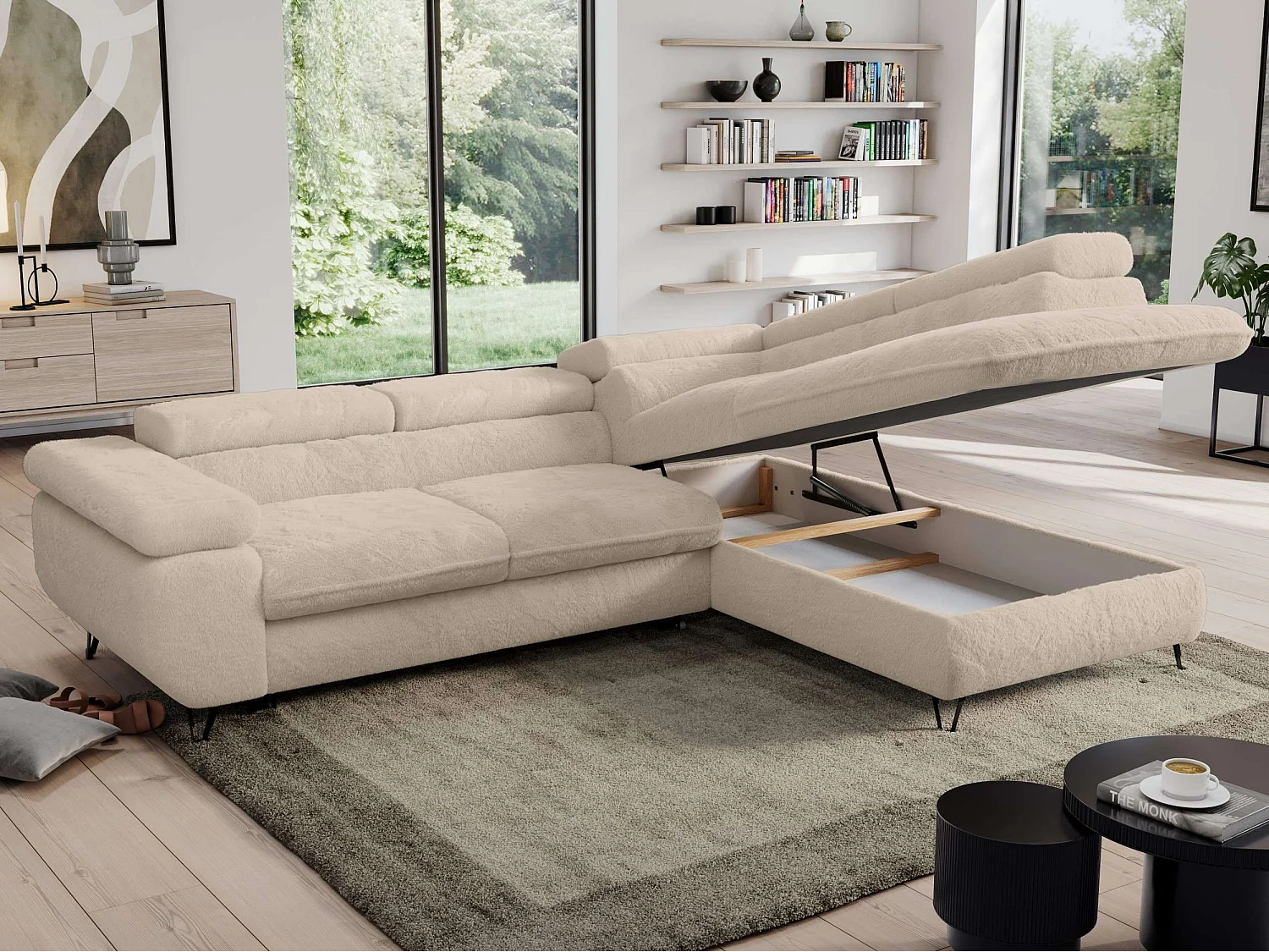 Ecksofa PEDRO - L-Form mit Schlaffunktion 200x125 cm, verstellbaren Kopfstützen - Creme Plüsch - Ecke Rechts