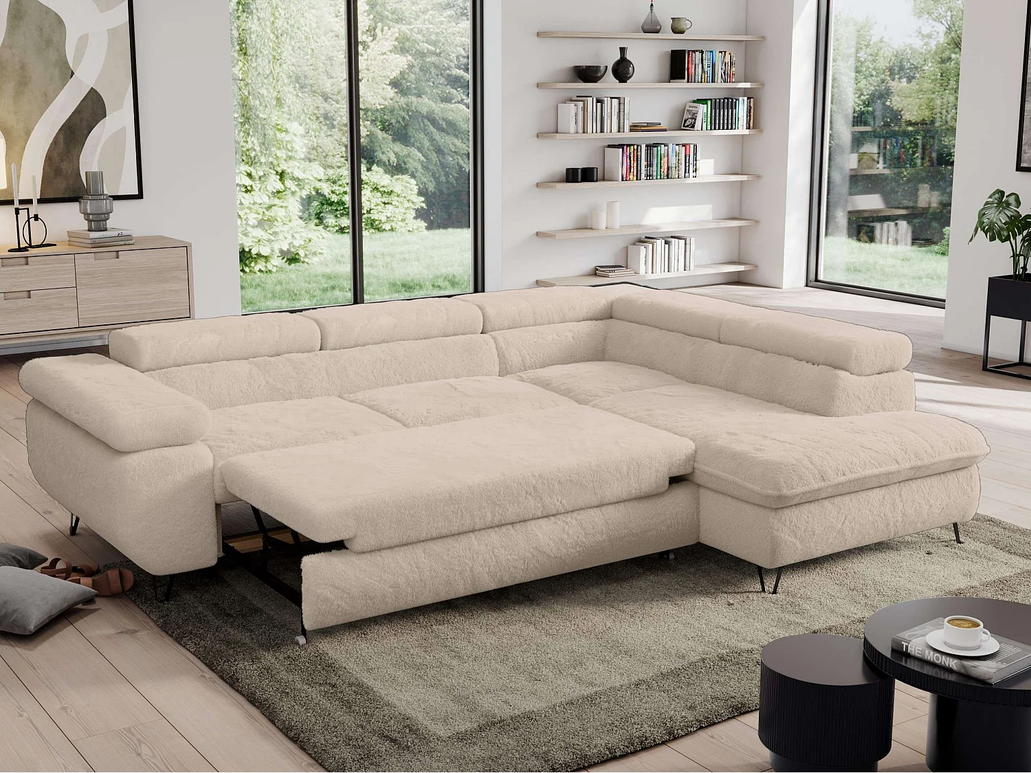 Ecksofa PEDRO - L-Form mit Schlaffunktion 200x125 cm, verstellbaren Kopfstützen - Creme Plüsch - Ecke Rechts