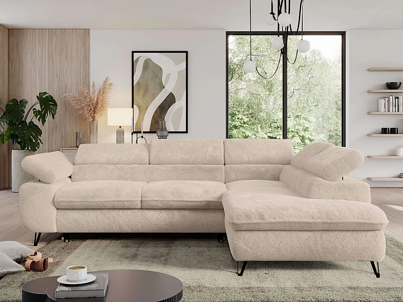 Ecksofa PEDRO - L-Form mit Schlaffunktion 200x125 cm, verstellbaren Kopfstützen - Creme Plüsch - Ecke Rechts