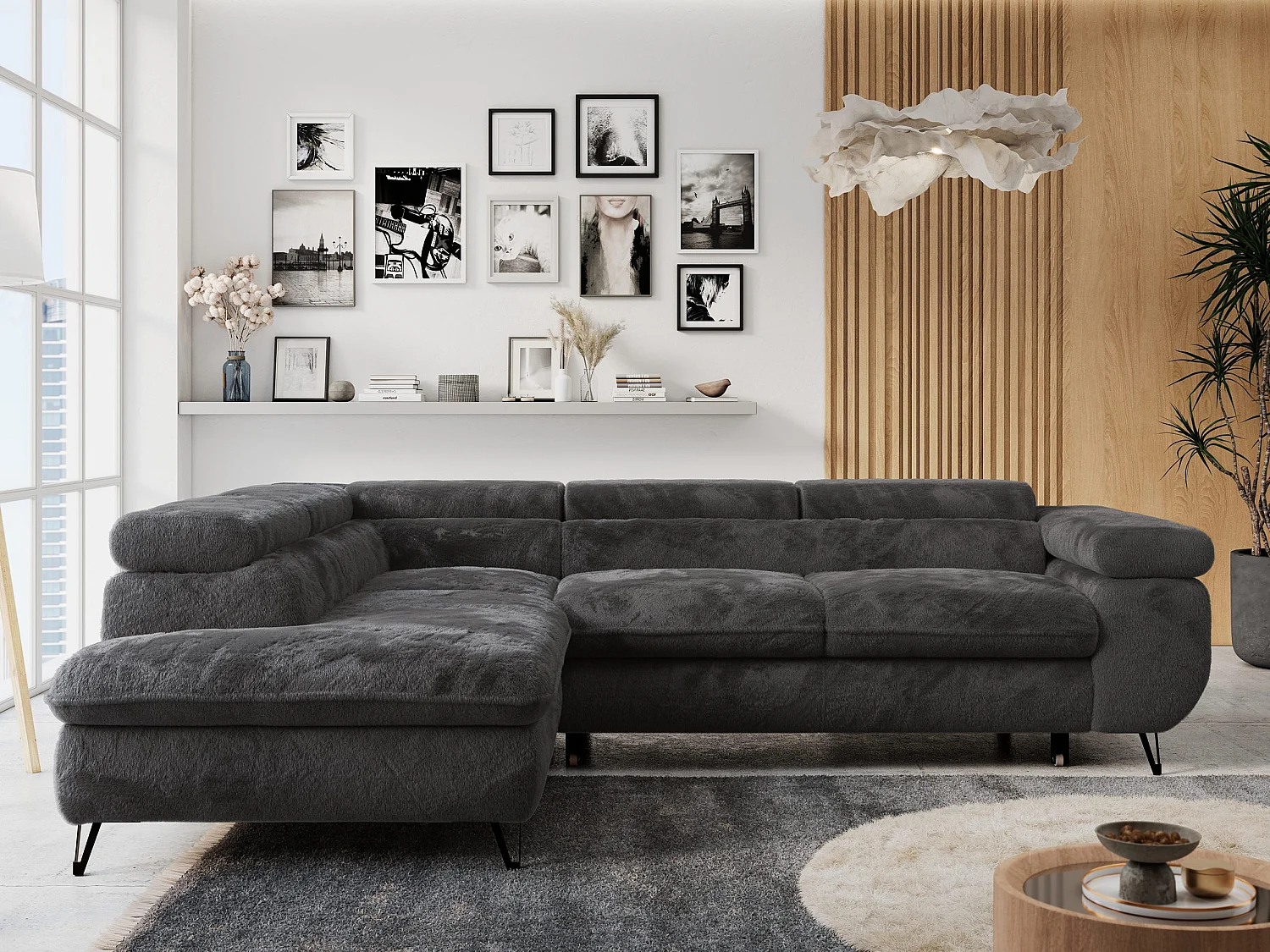 Ecksofa PETER verstellbare Kopfstütze, schlaffunktion - Anthrazit Plüsch - Ecke Links