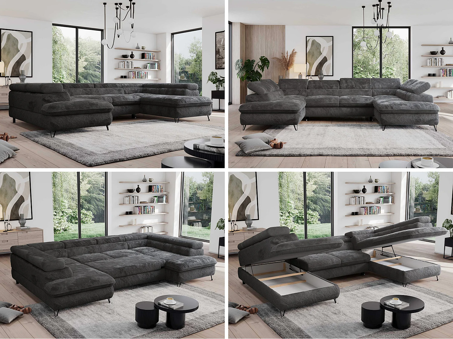 Ecksofa PEDRO U - XXL U-förmige Ecke, schlaffunktion und Bettkästen - Anthrazit Plüsch