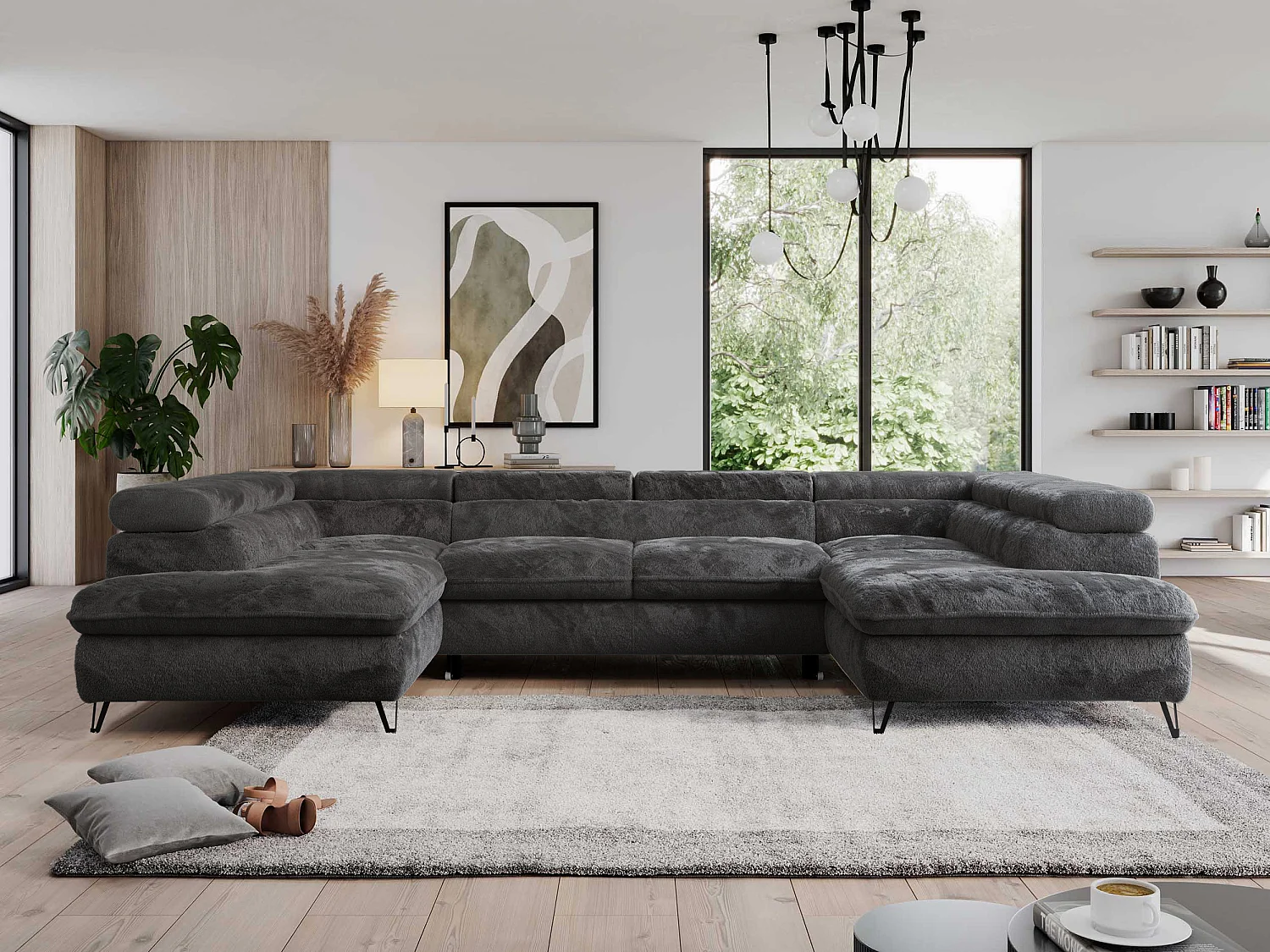 Ecksofa PEDRO U - XXL U-förmige Ecke, schlaffunktion und Bettkästen - Anthrazit Plüsch