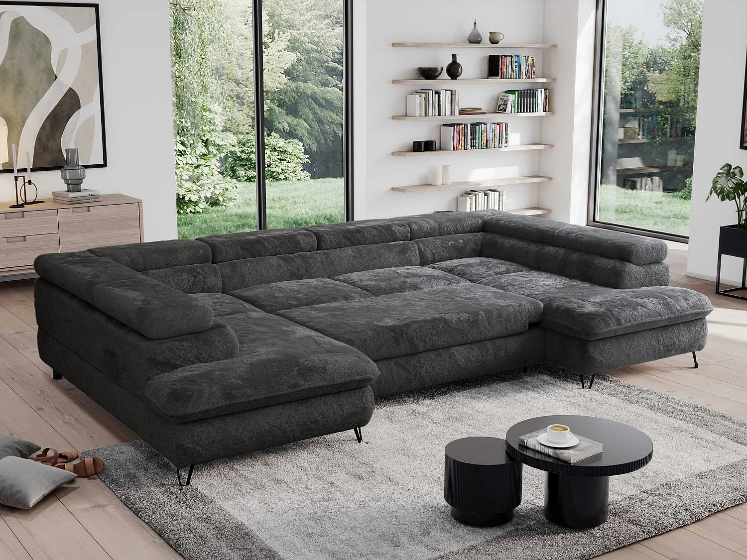 Ecksofa PEDRO U - XXL U-förmige Ecke, schlaffunktion und Bettkästen - Anthrazit Plüsch