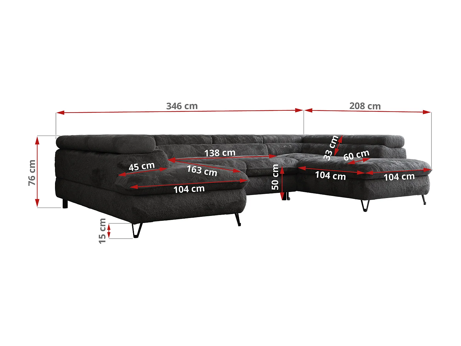 Ecksofa PEDRO U - XXL U-förmige Ecke, schlaffunktion und Bettkästen - Anthrazit Plüsch