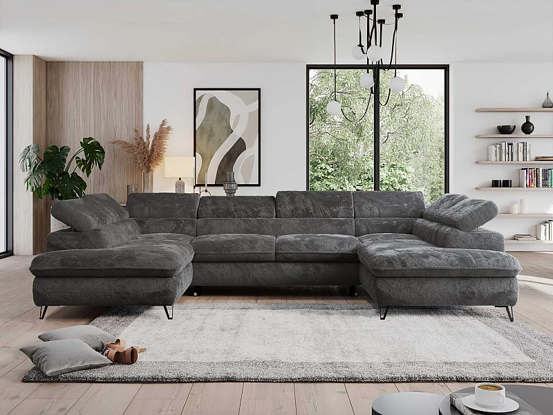 Ecksofa PEDRO U - XXL U-förmige Ecke, schlaffunktion und Bettkästen - Anthrazit Plüsch