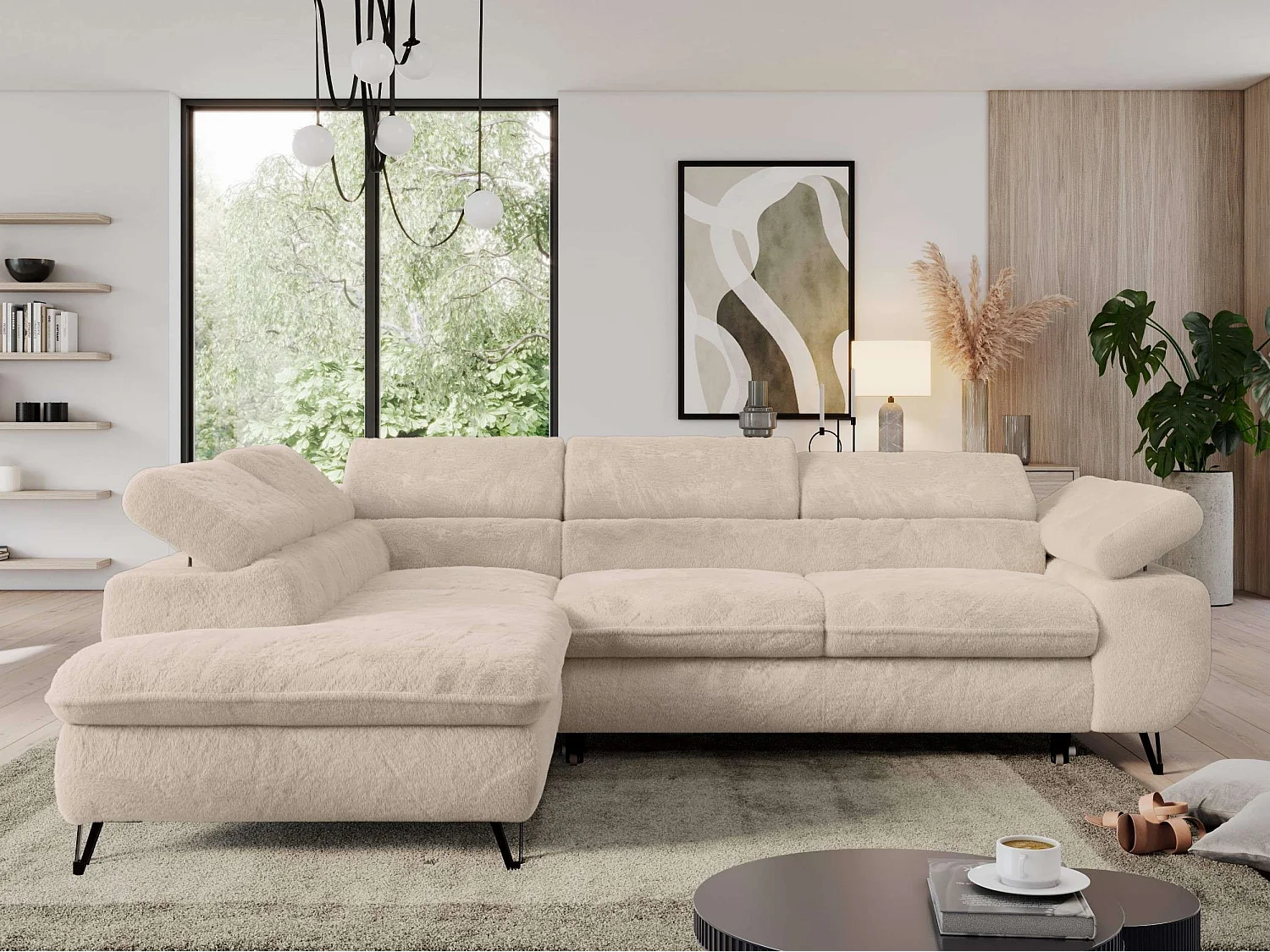 Ecksofa PEDRO - L-Form mit Schlaffunktion 200x125 cm, verstellbaren Kopfstützen - Creme Plüsch - Ecke Links