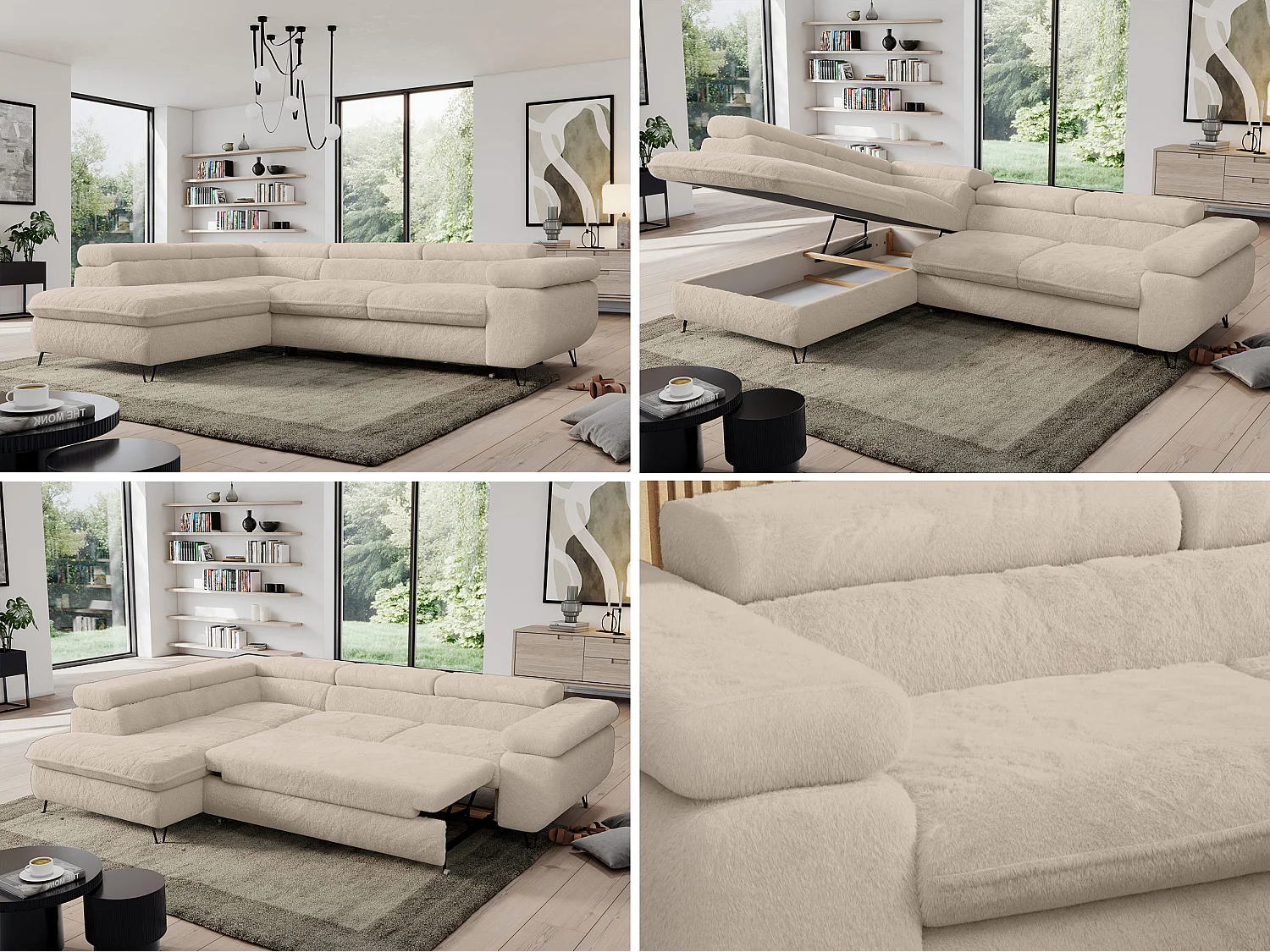 Ecksofa PEDRO - L-Form mit Schlaffunktion 200x125 cm, verstellbaren Kopfstützen - Creme Plüsch - Ecke Links