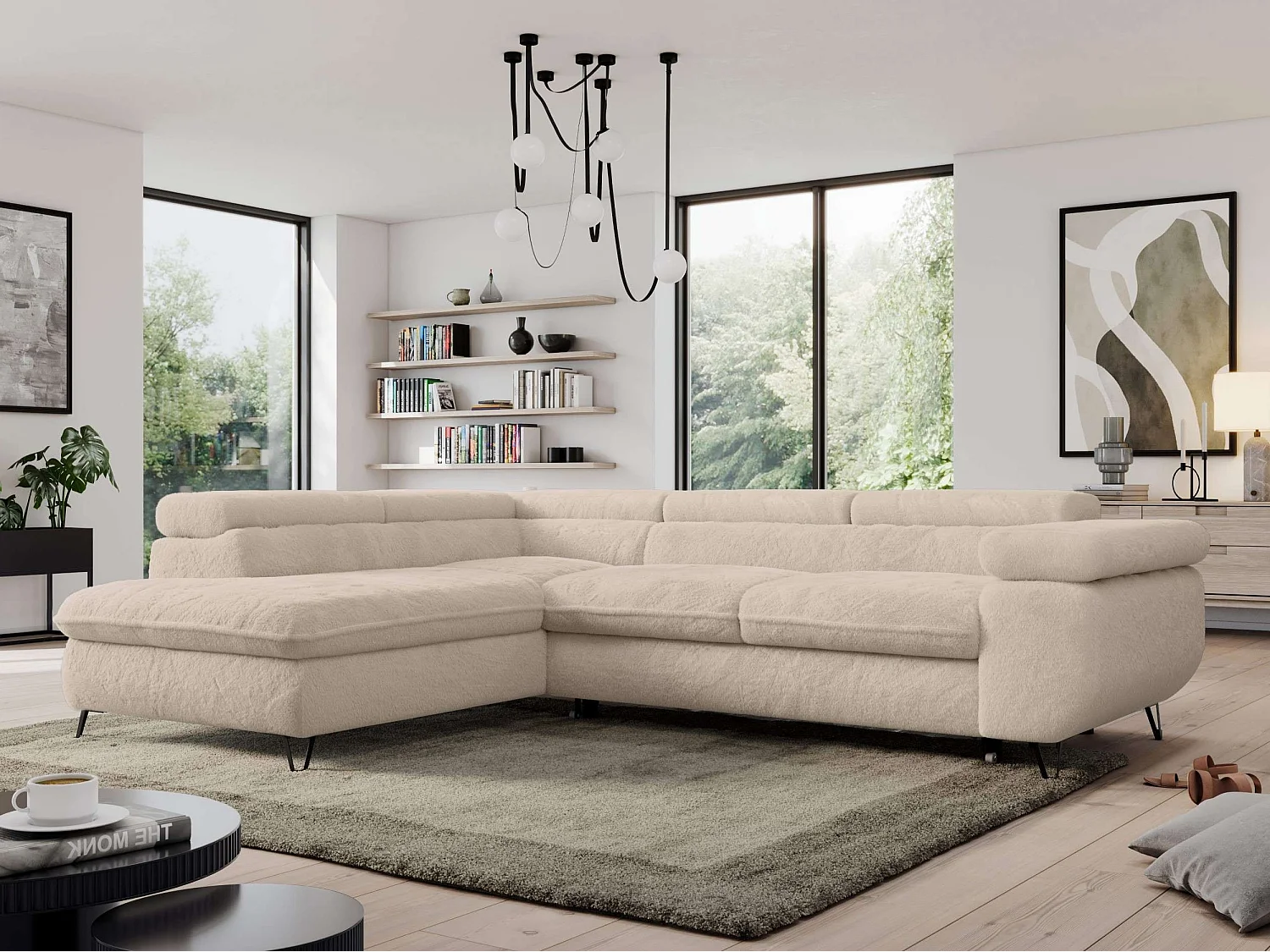 Ecksofa PEDRO - L-Form mit Schlaffunktion 200x125 cm, verstellbaren Kopfstützen - Creme Plüsch - Ecke Links
