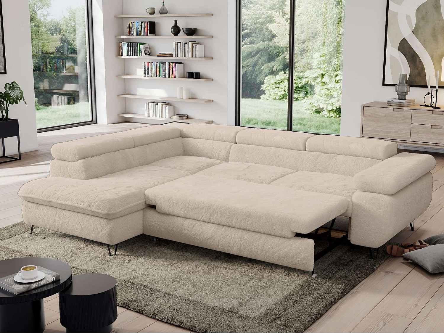 Ecksofa PEDRO - L-Form mit Schlaffunktion 200x125 cm, verstellbaren Kopfstützen - Creme Plüsch - Ecke Links