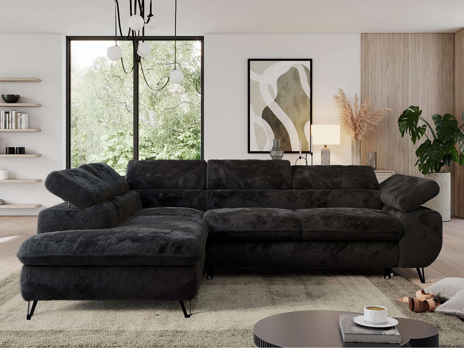 Ecksofa PEDRO - L-Form mit Schlaffunktion 200x125 cm, verstellbaren Kopfstützen - Schwarz Plüsch - Ecke Links