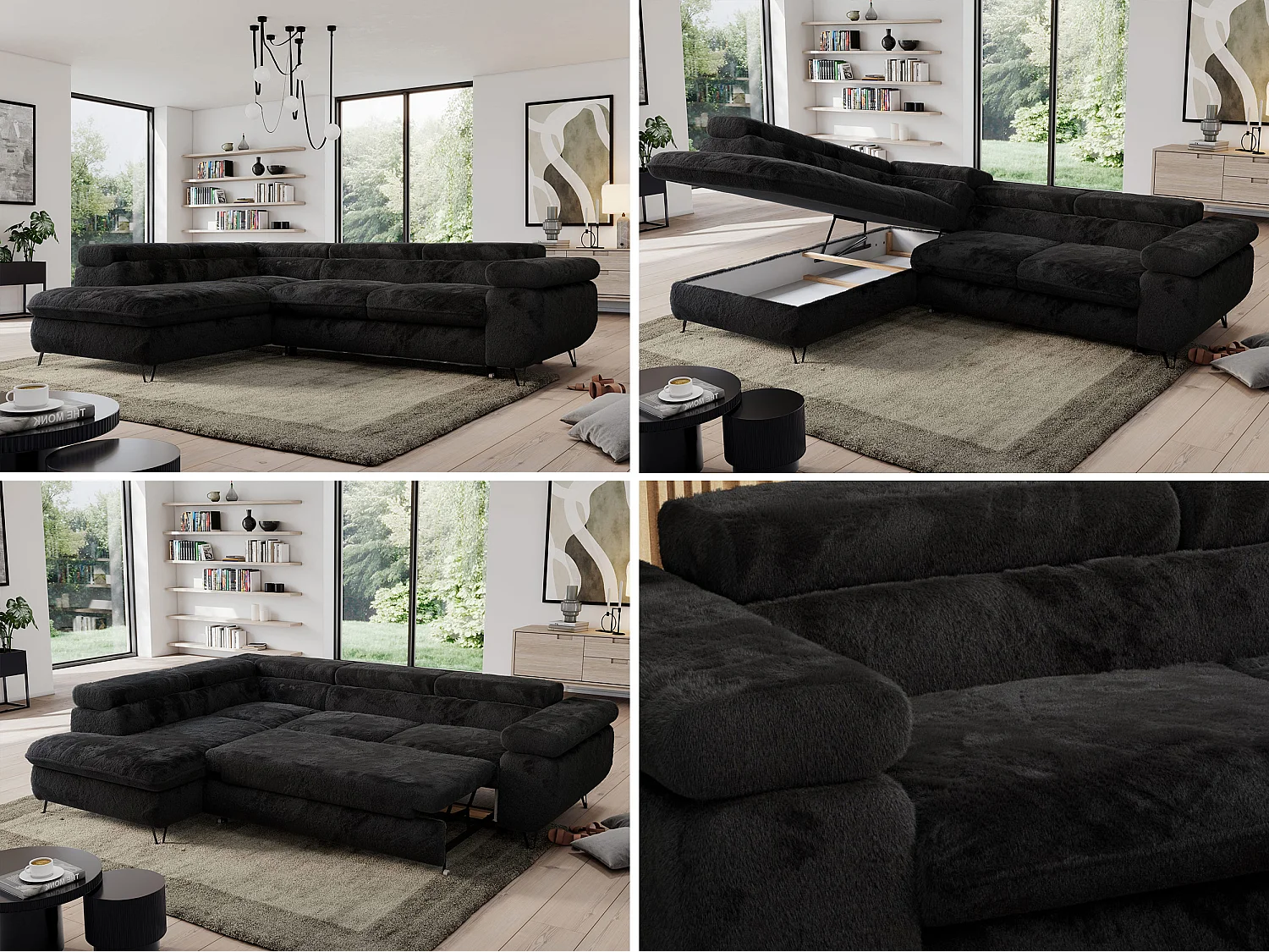 Ecksofa PEDRO - L-Form mit Schlaffunktion 200x125 cm, verstellbaren Kopfstützen - Schwarz Plüsch - Ecke Links