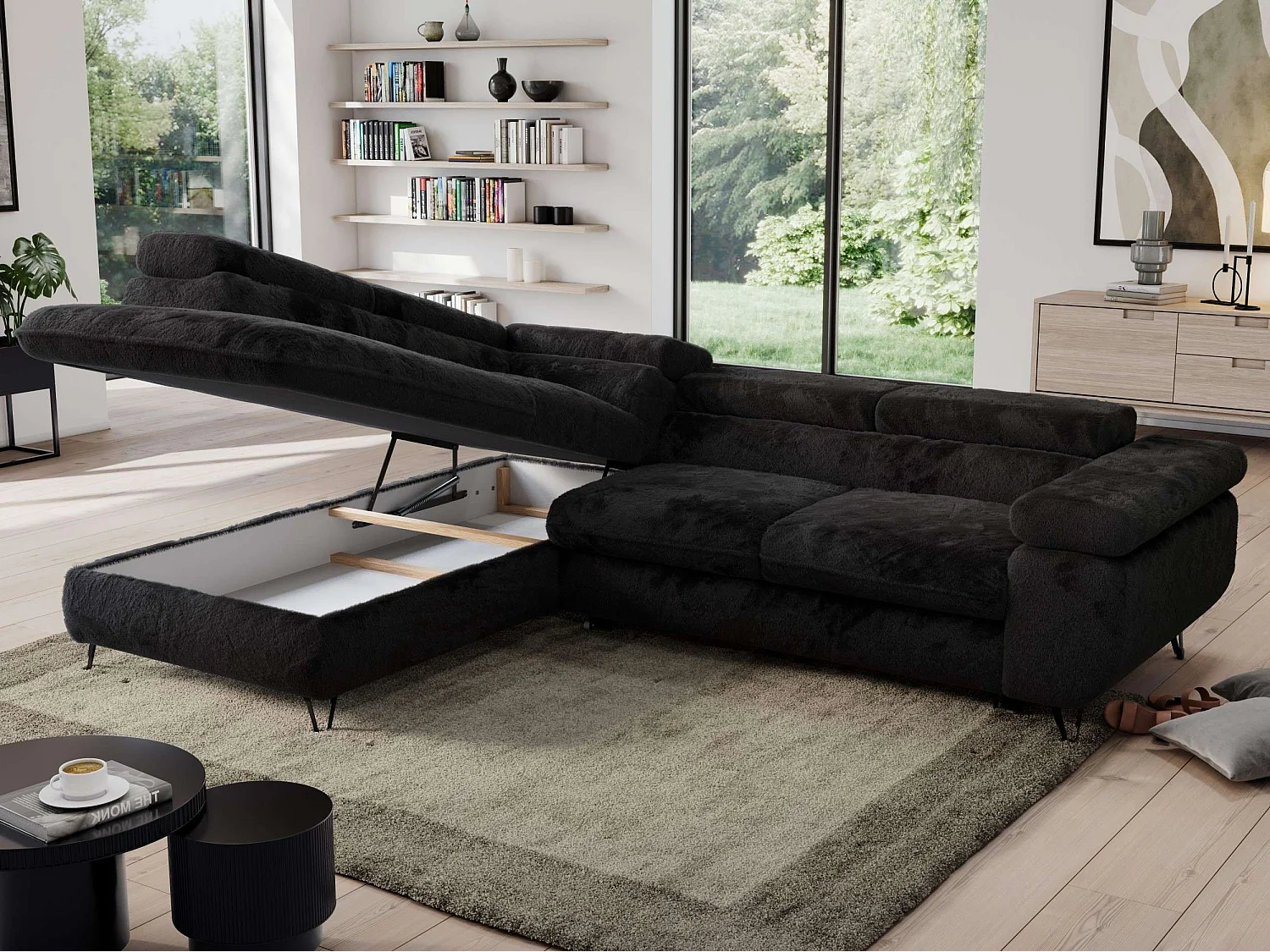Ecksofa PEDRO - L-Form mit Schlaffunktion 200x125 cm, verstellbaren Kopfstützen - Schwarz Plüsch - Ecke Links