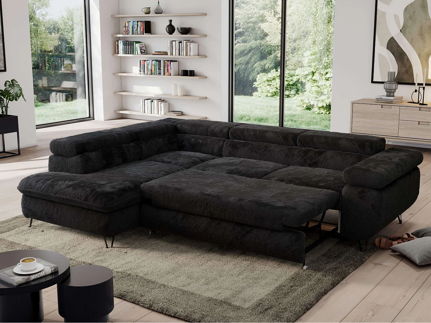 Ecksofa PEDRO - L-Form mit Schlaffunktion 200x125 cm, verstellbaren Kopfstützen - Schwarz Plüsch - Ecke Links