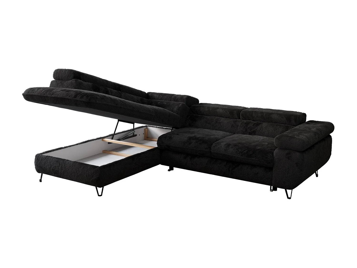 Ecksofa PEDRO - L-Form mit Schlaffunktion 200x125 cm, verstellbaren Kopfstützen - Schwarz Plüsch - Ecke Links