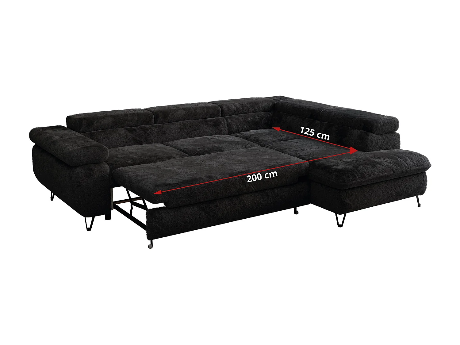 Ecksofa PEDRO - L-Form mit Schlaffunktion 200x125 cm, verstellbaren Kopfstützen - Schwarz Plüsch - Ecke Links