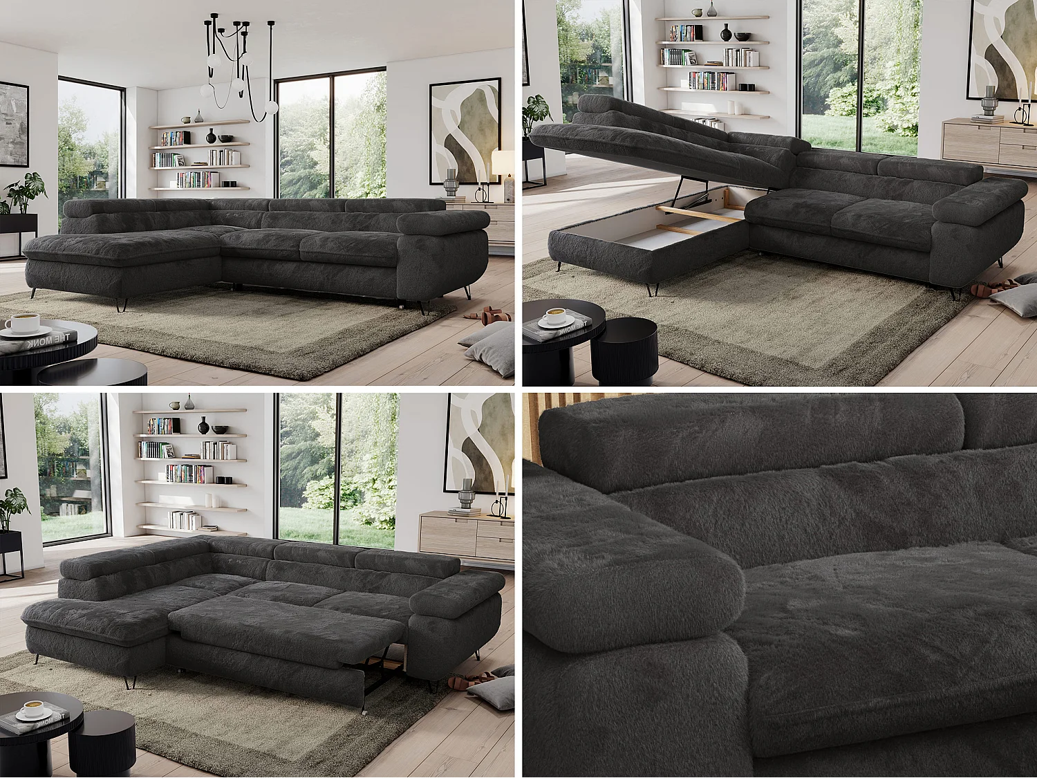 Ecksofa PEDRO - L-Form mit Schlaffunktion 200x125 cm, verstellbaren Kopfstützen - Anthrazit Plüsch - Ecke Links