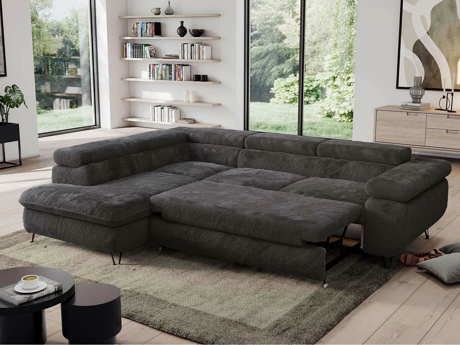 Ecksofa PEDRO - L-Form mit Schlaffunktion 200x125 cm, verstellbaren Kopfstützen - Anthrazit Plüsch - Ecke Links