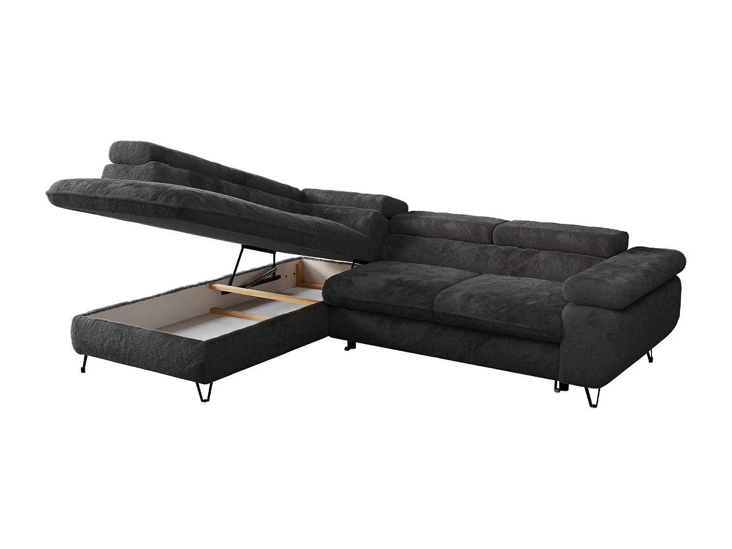 Ecksofa PEDRO - L-Form mit Schlaffunktion 200x125 cm, verstellbaren Kopfstützen - Anthrazit Plüsch - Ecke Links