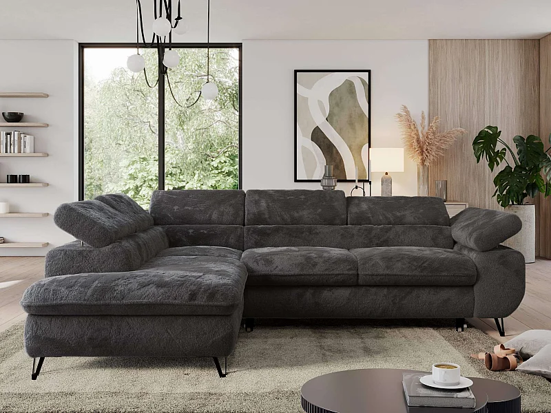 Ecksofa PEDRO - L-Form mit Schlaffunktion 200x125 cm, verstellbaren Kopfstützen - Anthrazit Plüsch - Ecke Links