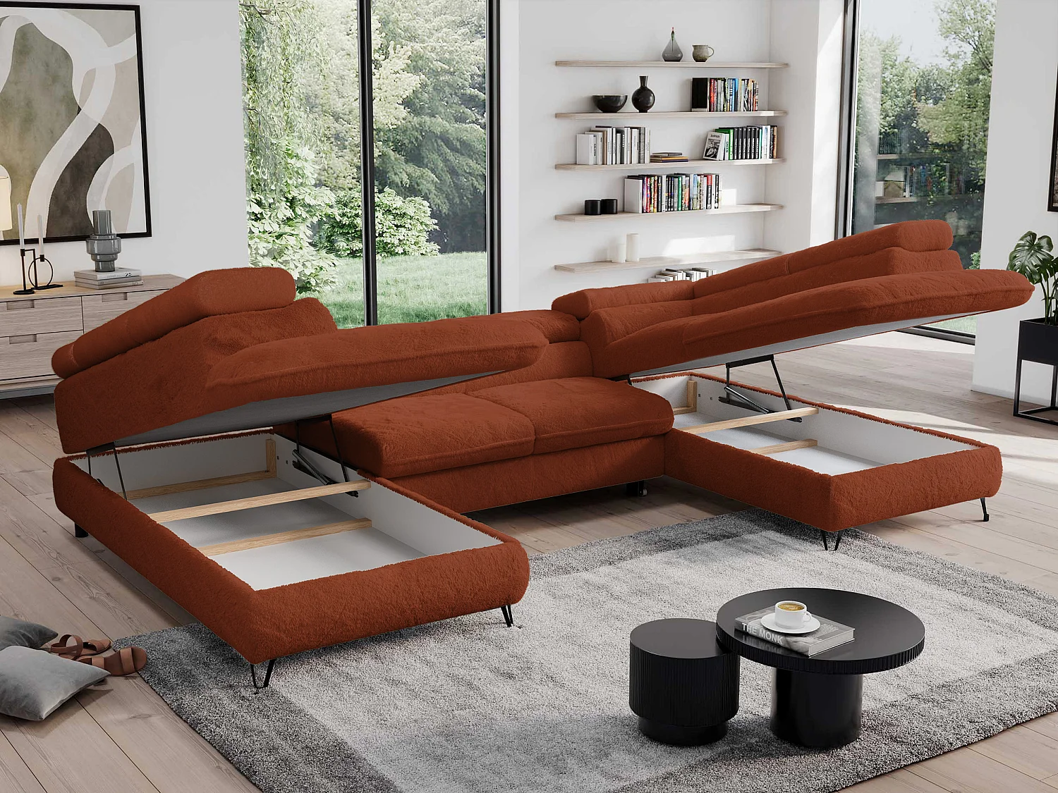 Ecksofa PEDRO U - XXL U-förmige Ecke, schlaffunktion und Bettkästen - Terracotta Plüsch