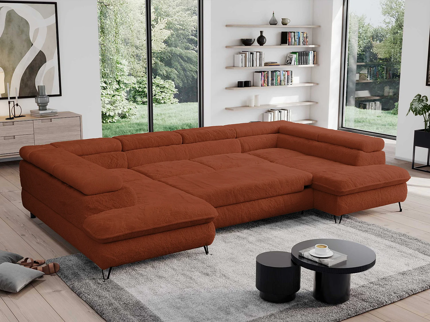 Ecksofa PEDRO U - XXL U-förmige Ecke, schlaffunktion und Bettkästen - Terracotta Plüsch