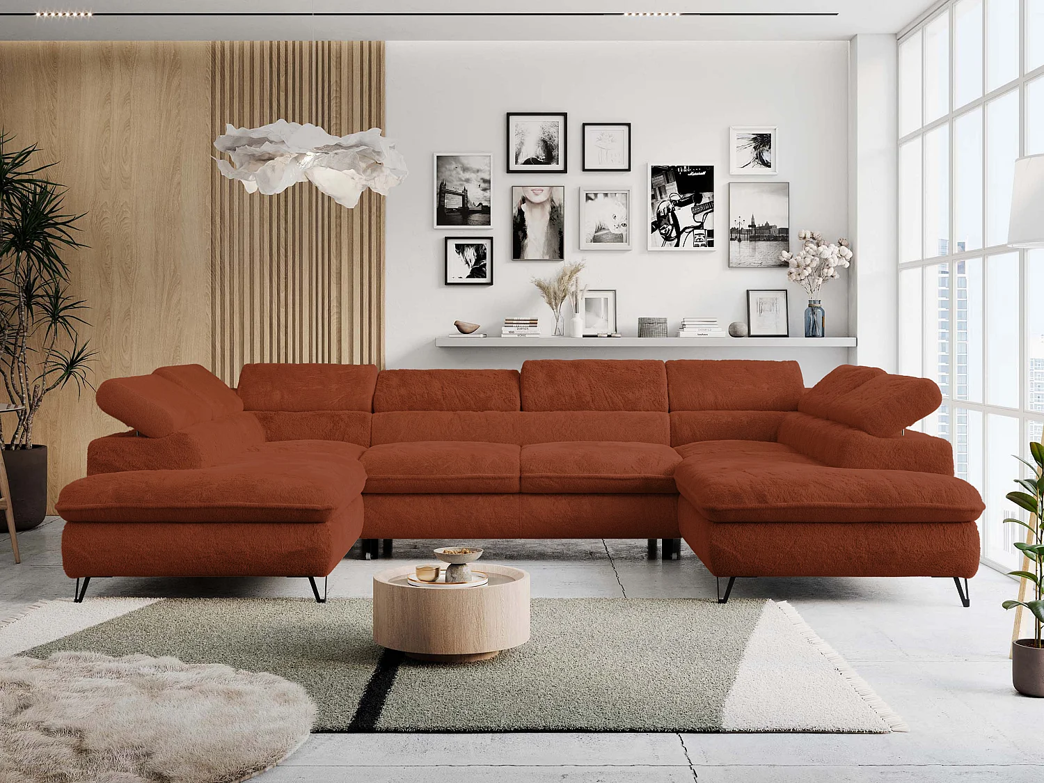 Ecksofa PETER U - schlaffunktion und Bettkästen, verstellbare Kopfstützen - Terracotta Plüsch