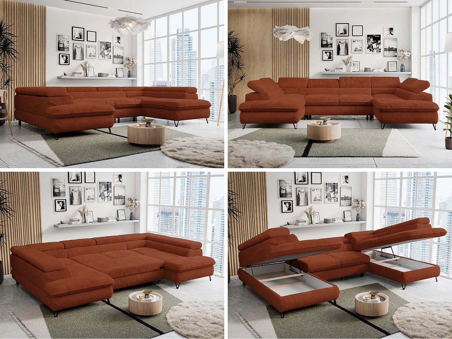 Ecksofa PETER U - schlaffunktion und Bettkästen, verstellbare Kopfstützen - Terracotta Plüsch