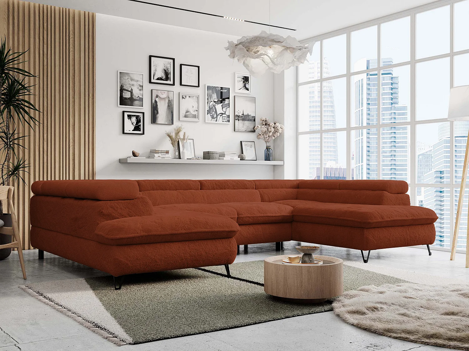 Ecksofa PETER U - schlaffunktion und Bettkästen, verstellbare Kopfstützen - Terracotta Plüsch