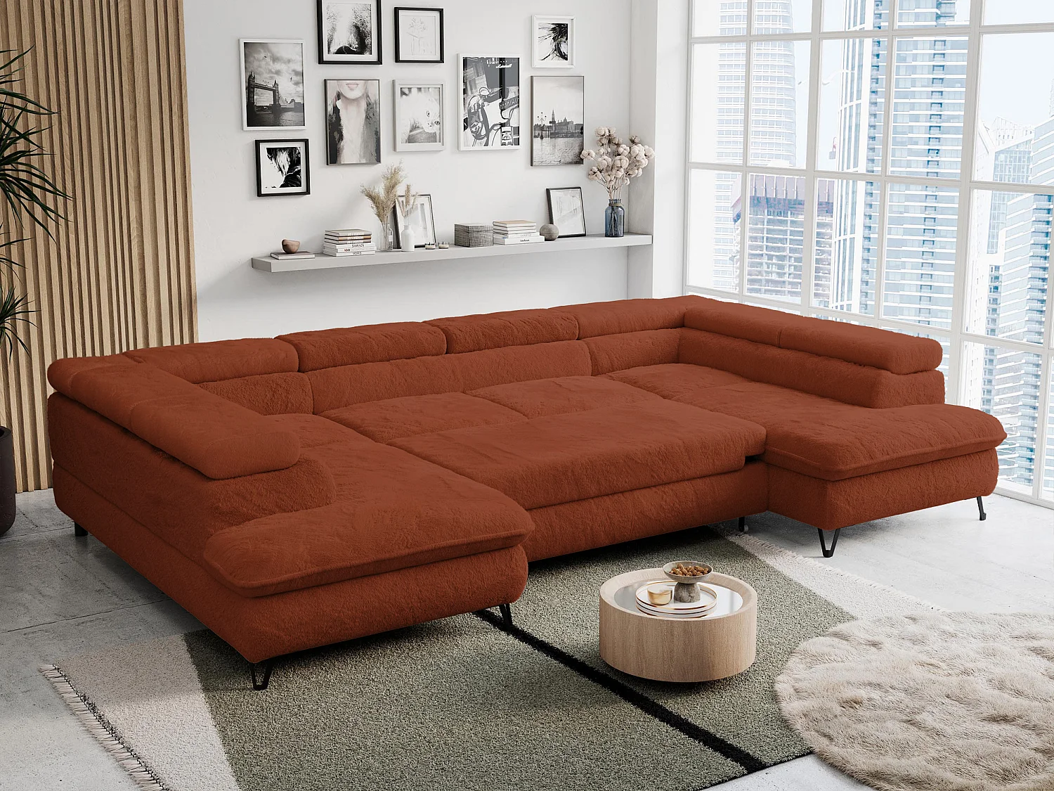 Ecksofa PETER U - schlaffunktion und Bettkästen, verstellbare Kopfstützen - Terracotta Plüsch
