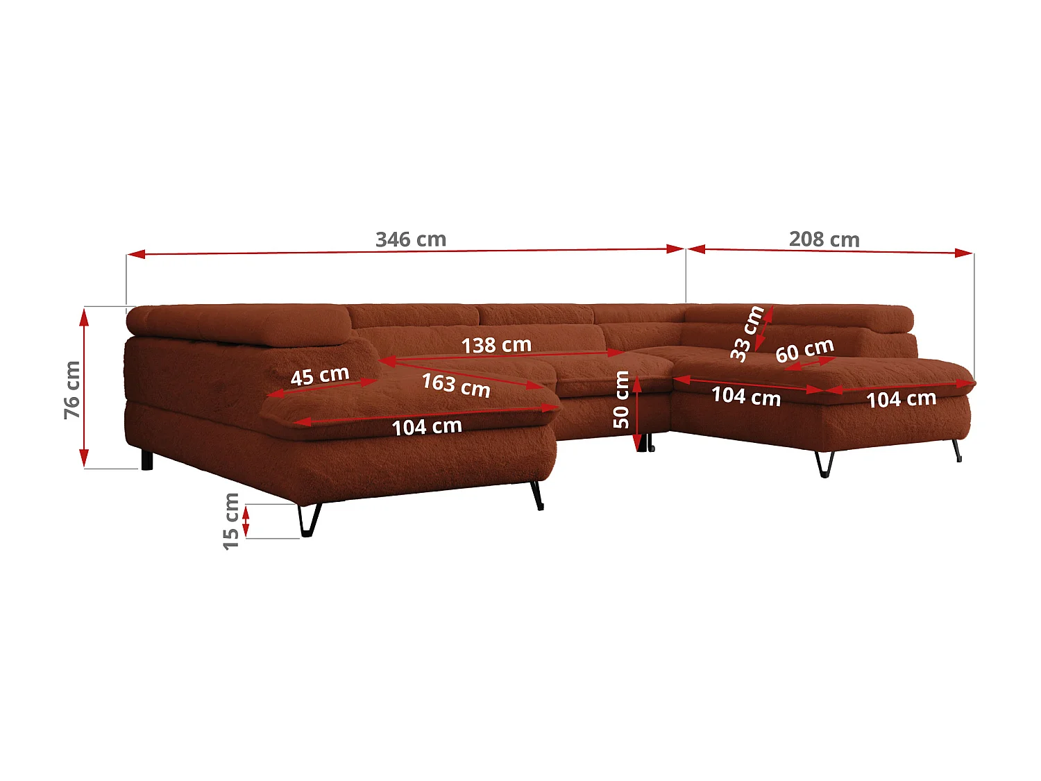 Ecksofa PETER U - schlaffunktion und Bettkästen, verstellbare Kopfstützen - Terracotta Plüsch
