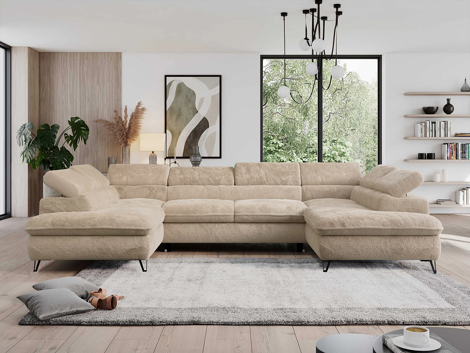 Ecksofa PEDRO U - XXL U-förmige Ecke, schlaffunktion und Bettkästen - Ivory Plüsch