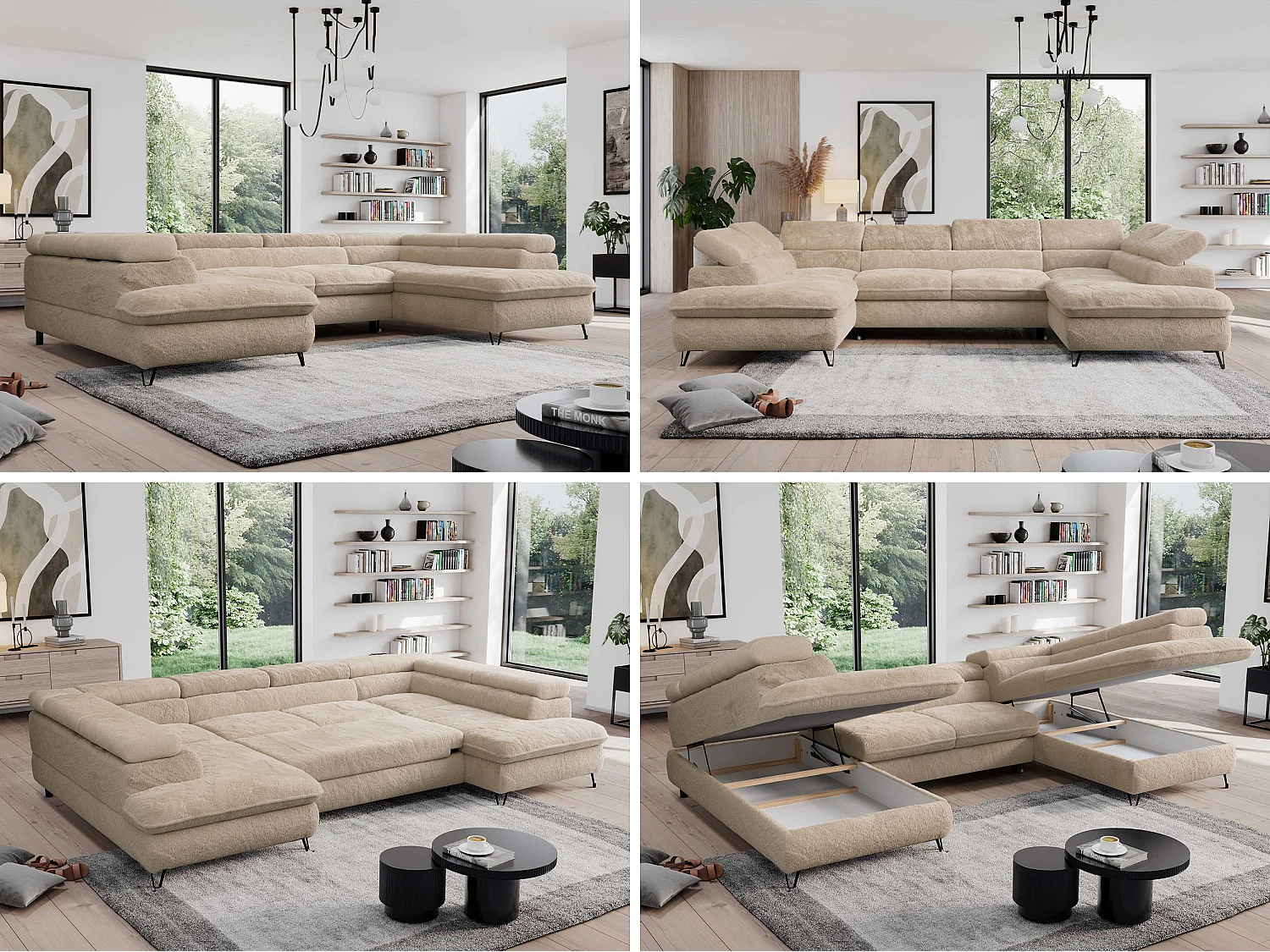 Ecksofa PEDRO U - XXL U-förmige Ecke, schlaffunktion und Bettkästen - Ivory Plüsch