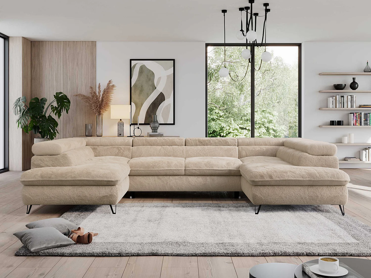 Ecksofa PEDRO U - XXL U-förmige Ecke, schlaffunktion und Bettkästen - Ivory Plüsch