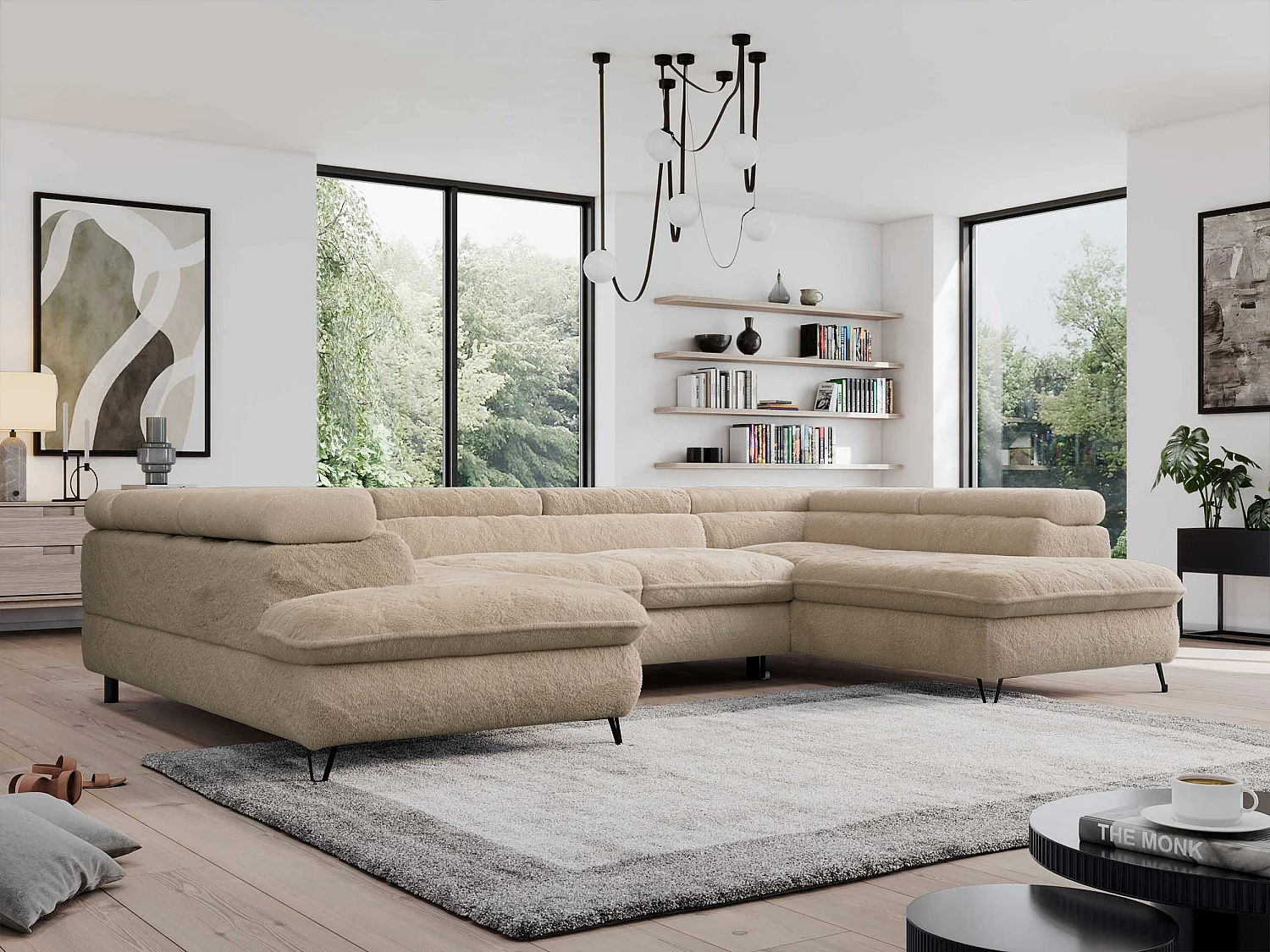 Ecksofa PEDRO U - XXL U-förmige Ecke, schlaffunktion und Bettkästen - Ivory Plüsch