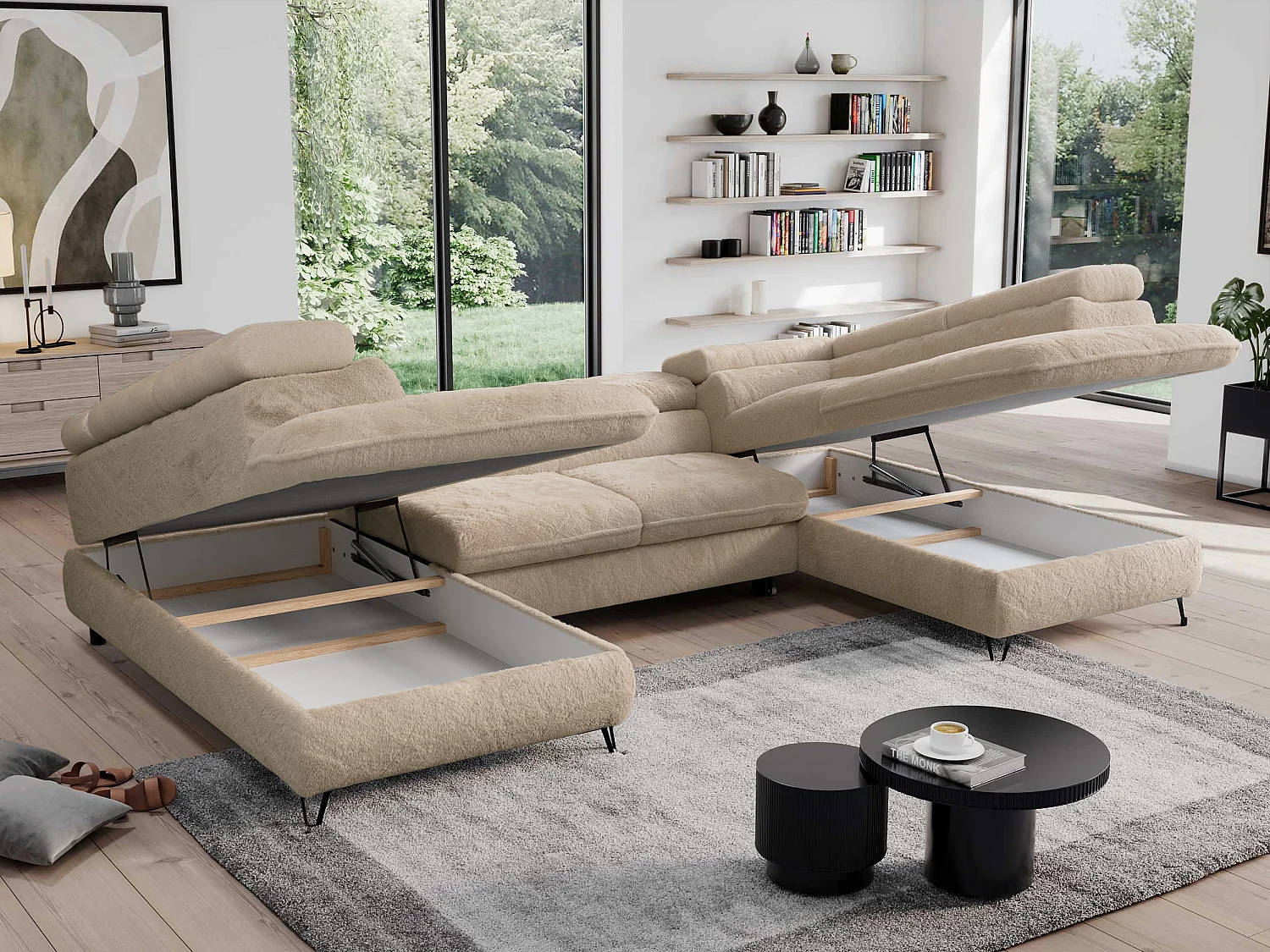 Ecksofa PEDRO U - XXL U-förmige Ecke, schlaffunktion und Bettkästen - Ivory Plüsch