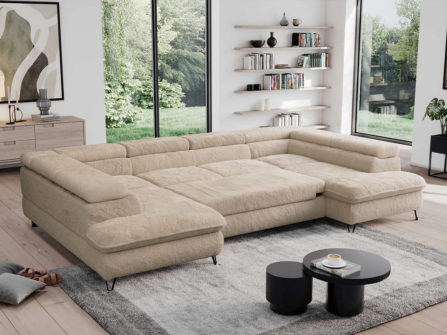 Ecksofa PEDRO U - XXL U-förmige Ecke, schlaffunktion und Bettkästen - Ivory Plüsch