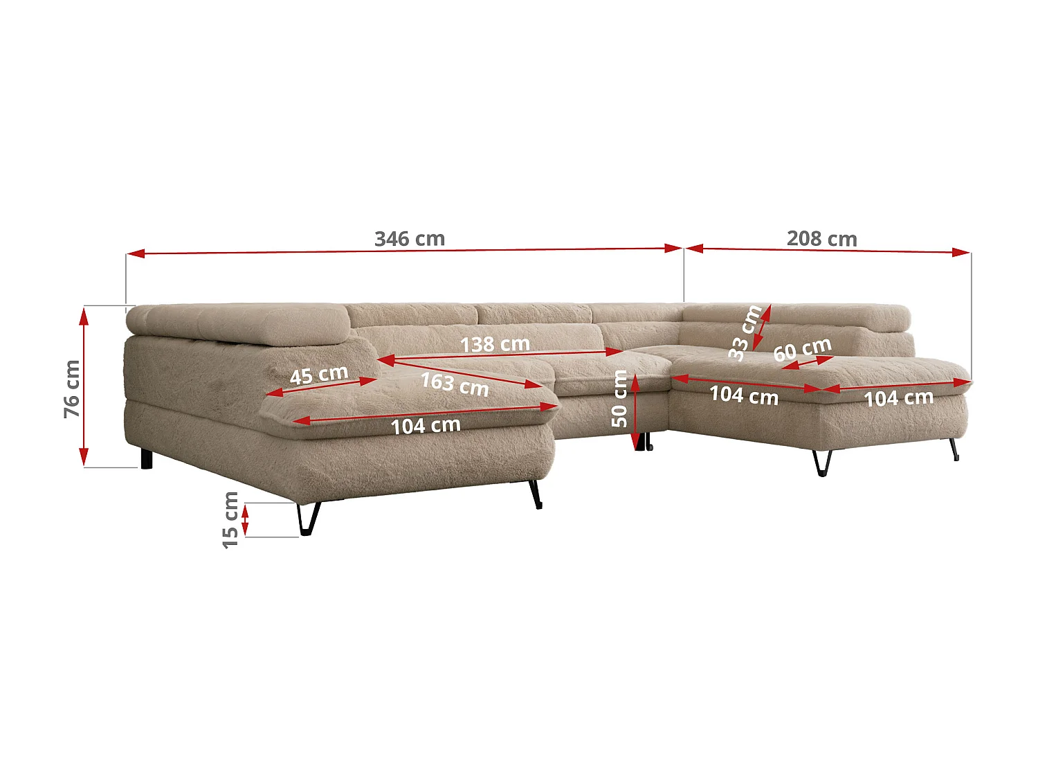 Ecksofa PEDRO U - XXL U-förmige Ecke, schlaffunktion und Bettkästen - Ivory Plüsch