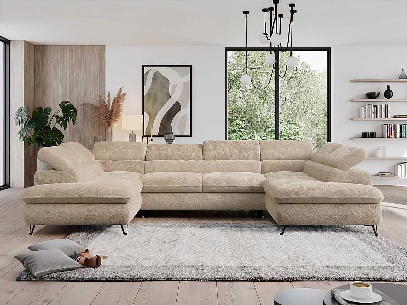 Ecksofa PEDRO U - XXL U-förmige Ecke, schlaffunktion und Bettkästen - Ivory Plüsch