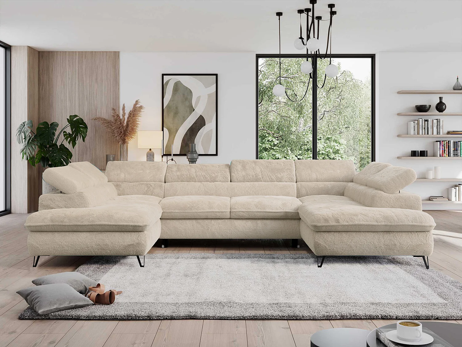 Ecksofa PEDRO U - XXL U-förmige Ecke, schlaffunktion und Bettkästen - Creme Plüsch