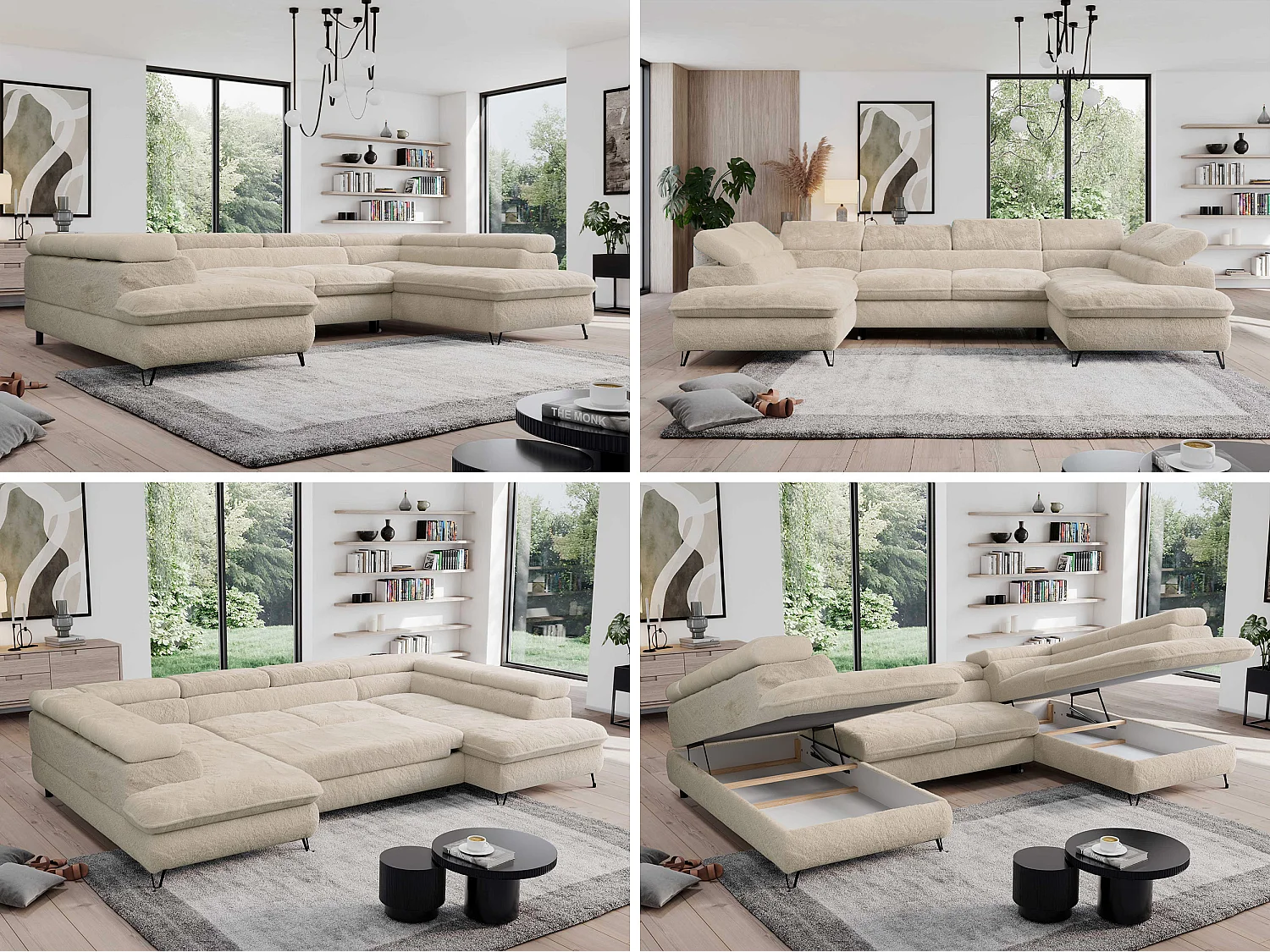 Ecksofa PEDRO U - XXL U-förmige Ecke, schlaffunktion und Bettkästen - Creme Plüsch