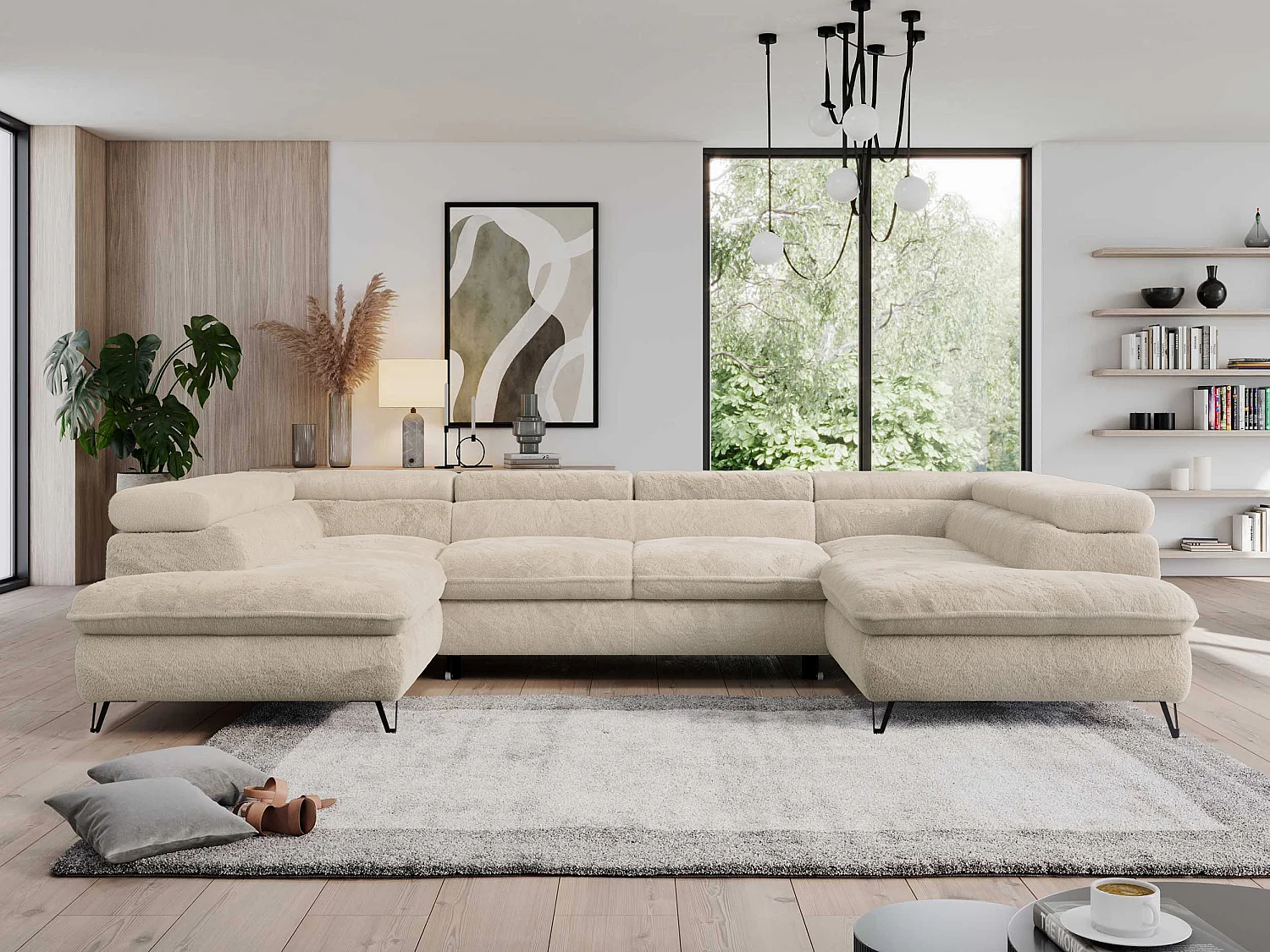 Ecksofa PEDRO U - XXL U-förmige Ecke, schlaffunktion und Bettkästen - Creme Plüsch