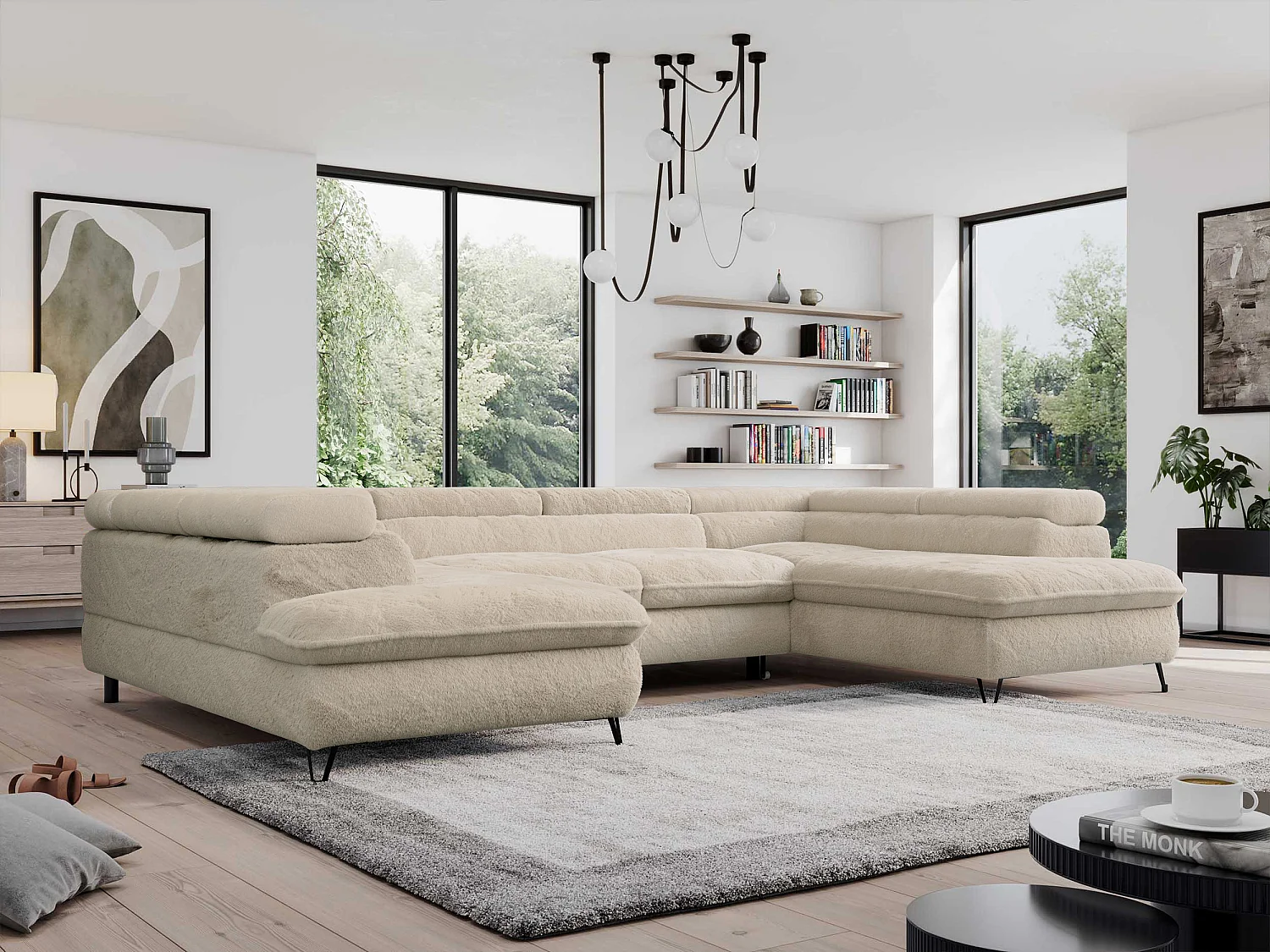 Ecksofa PEDRO U - XXL U-förmige Ecke, schlaffunktion und Bettkästen - Creme Plüsch