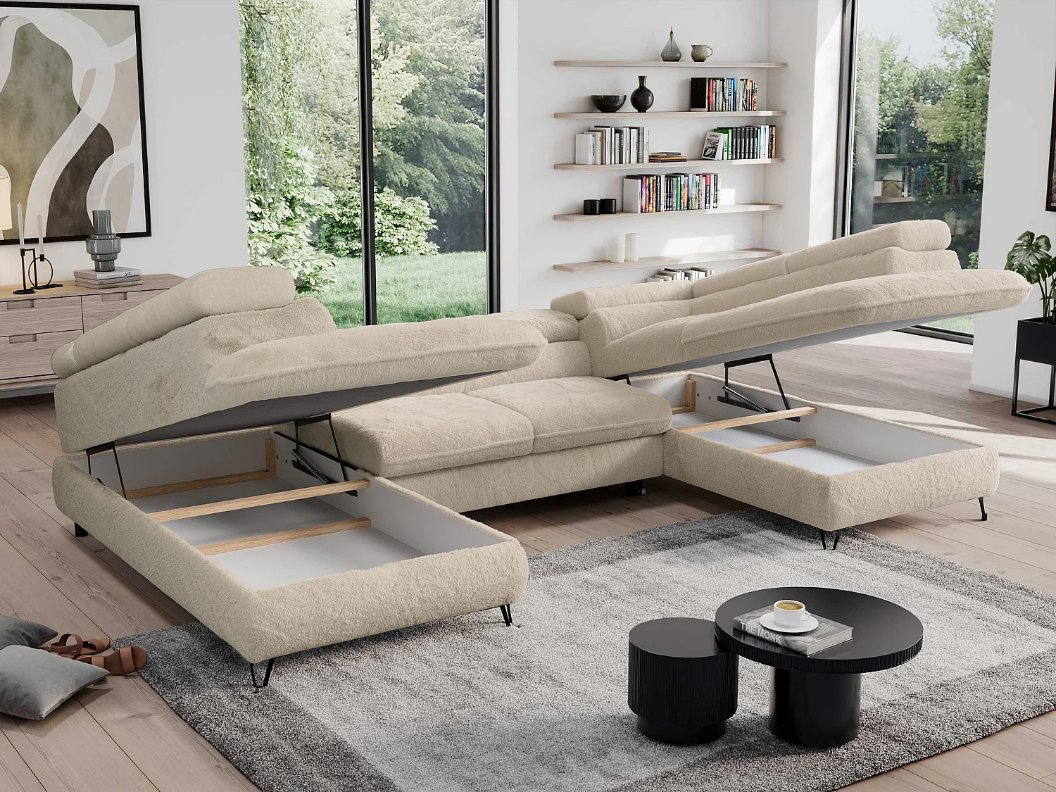 Ecksofa PEDRO U - XXL U-förmige Ecke, schlaffunktion und Bettkästen - Creme Plüsch