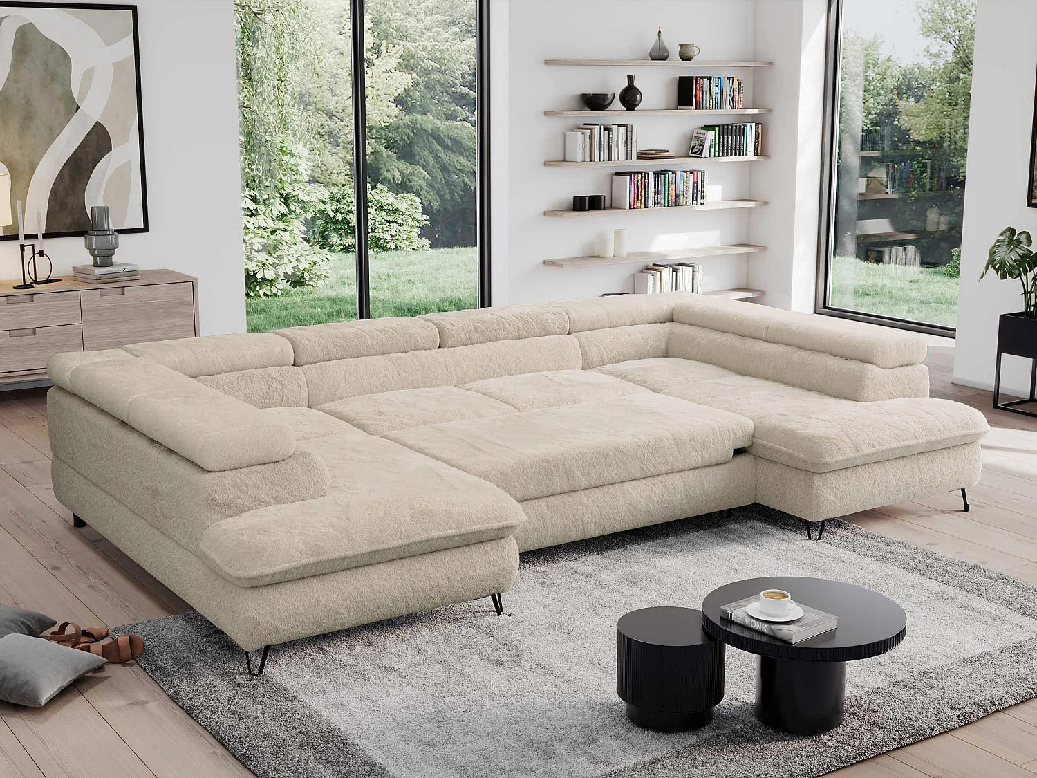 Ecksofa PEDRO U - XXL U-förmige Ecke, schlaffunktion und Bettkästen - Creme Plüsch