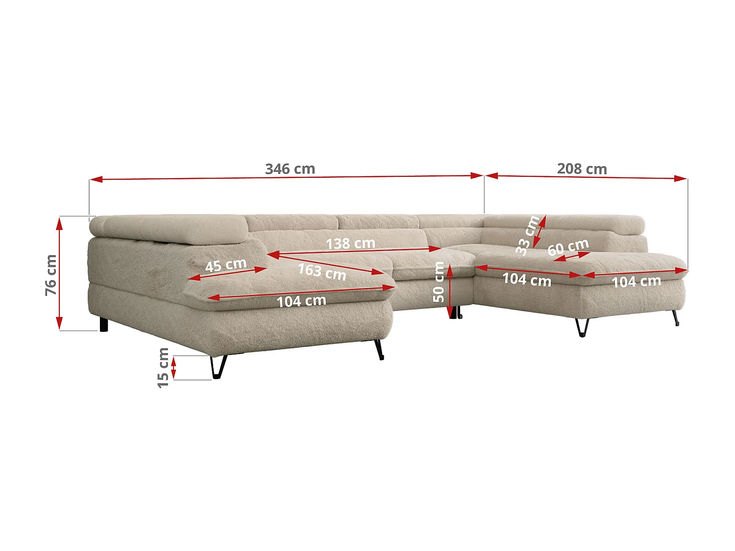 Ecksofa PEDRO U - XXL U-förmige Ecke, schlaffunktion und Bettkästen - Creme Plüsch