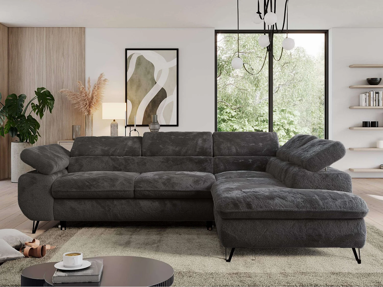 Ecksofa PEDRO - L-Form mit Schlaffunktion 200x125 cm, verstellbaren Kopfstützen - Anthrazit Plüsch - Ecke Rechts