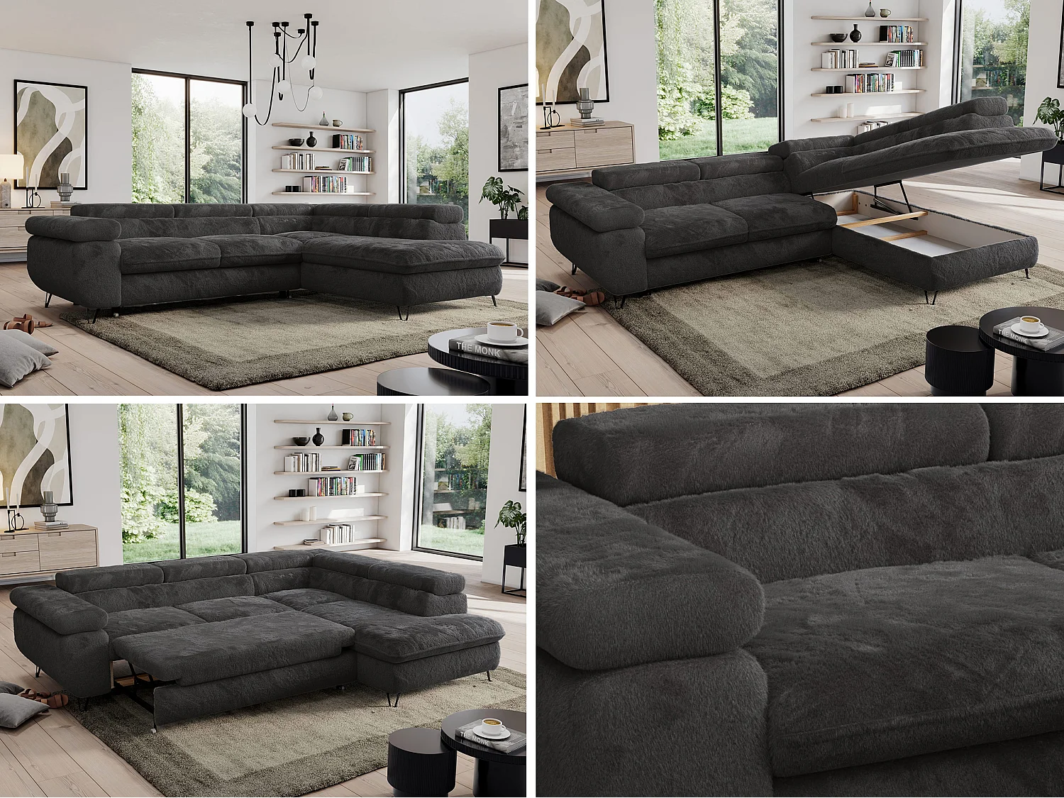 Ecksofa PEDRO - L-Form mit Schlaffunktion 200x125 cm, verstellbaren Kopfstützen - Anthrazit Plüsch - Ecke Rechts