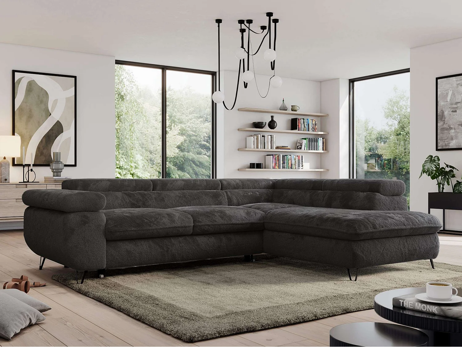 Ecksofa PEDRO - L-Form mit Schlaffunktion 200x125 cm, verstellbaren Kopfstützen - Anthrazit Plüsch - Ecke Rechts